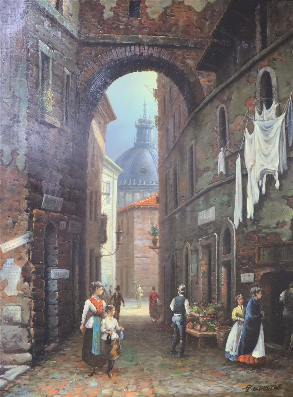 Schroter, 19th century street scene, indistinctly signed, oil on panel, 40 x 30cm